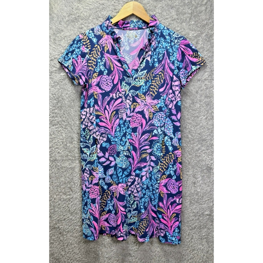 Lilly Pulitzer Luxletic Womens M Navy Pink Floral UPF 50+ Polo Golf Dress V Neck